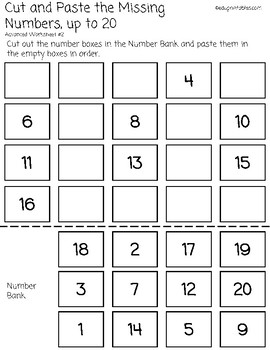 Cut and Paste Missing Numbers up to 20, Advanced Version by eduprintables