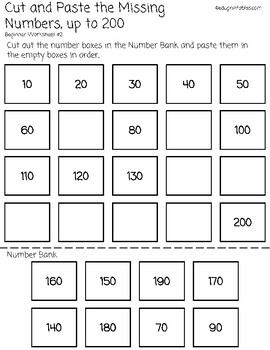 Cut and Paste Missing Numbers, Counting by 10s to 200, Beginner Version