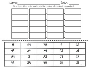 cut and paste ordering 2 and 3 digit numbers from least to greatest