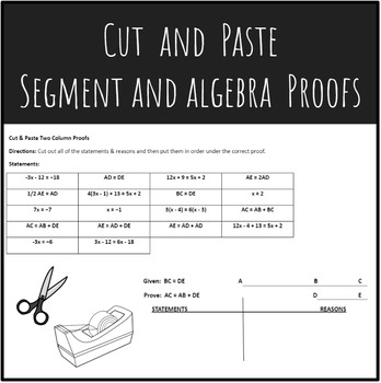 Preview of Cut and Paste Segment and Algebra Two Column Proofs Hands on Group Activity