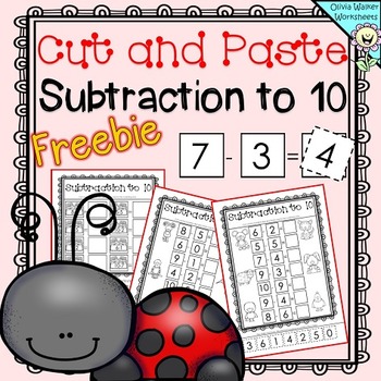 Preview of Cut and Paste Subtraction to 10 Worksheets - FREE for Kindergarten, Grade One