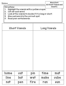 Cut and Paste Word Sorts: Short Vowels and Long Vowel Silent E by Love ...
