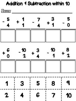 cut and paste worksheets mixed addition and subtraction within 10