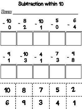 cut and paste worksheets subtraction within 10 tpt