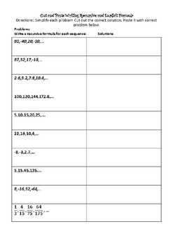 Algebra Cut and Paste Writing the Recursive Formula Activity | TPT