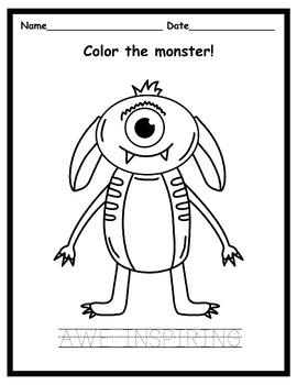 Cute 30 Monsters coloring with positive short words worksheets for Pre ...