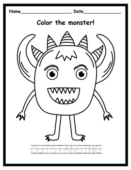 Cute 30 Monsters coloring with positive short words worksheets for Pre ...