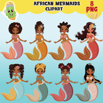Preview of Cute African mermaid clipart PNG, black mermaid clip art, afro little mermaid