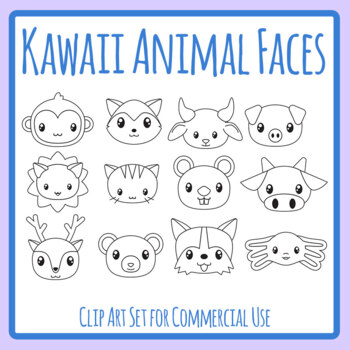 Cute Animal Faces - Kawaii Animals Clip Art / Clipart Black and White /  Color In