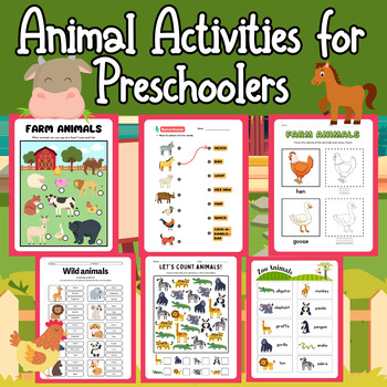 Preview of Cute Animals Activities for Preschoolers: Coloring, cutting, Flashcards, Reading