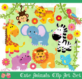 Cute Animals, Jungle Safari Savannah Wild Animals Clip Art Set