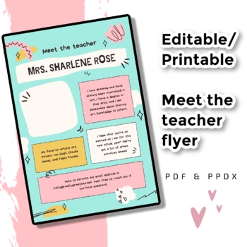 Preview of Cute Artsy Meet the Teacher Flyer/Handout for Back to School PDF, PPDX, EASEL