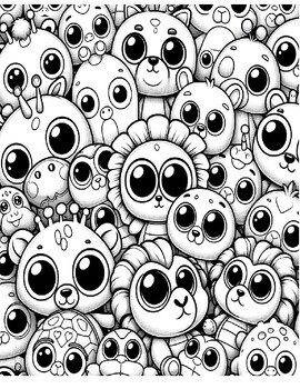 Preview of Cute Big Eyed Creatures Coloring Package- Printable Worksheets- 5 Pack