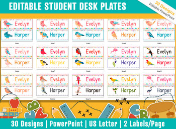 Preview of Cute Bird Student Desk Plates: 30 Editable Designs with PowerPoint