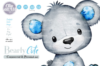 Printable Image Watercolor Teddy Bear Clipart 3 Instant Download