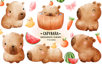 Preview of Cute Capybara Clipart, Capybara Clipart, Watercolor Capybara, Animal Clipart