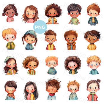 Preview of Cute Cartoon Kids Faces Pictures Children Avatars PNG Clipart Set Boys Girls