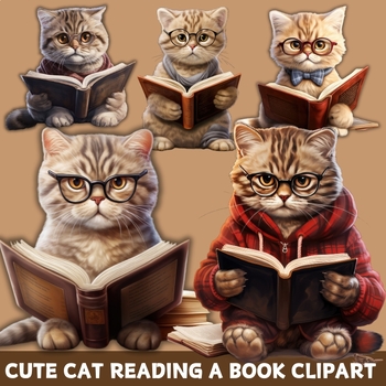 Preview of Cute Cat Reading a Book Clipart - Animals Reading Clip Art