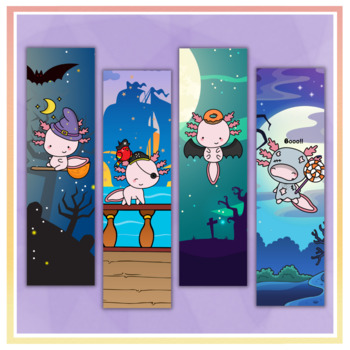 Preview of Cute, Chibi Axolotls in Halloween Costumes: Witch, Pirate, Vampire, Ghost