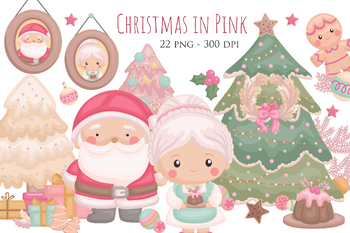 Preview of Cute Christmas in Pink Decoration Santa Cartoon Clipart Illustration Vector