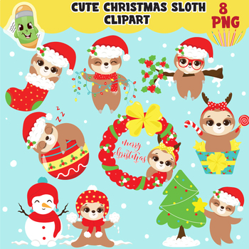 Preview of Cute Christmas sloths, sloth Christmas, holiday sloths, Santa Claus, baby sloth