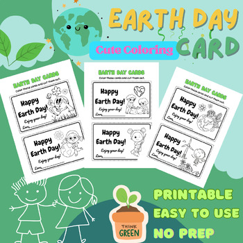 Preview of Cute Coloring Earth Day Cards Printable : PreK - 7th