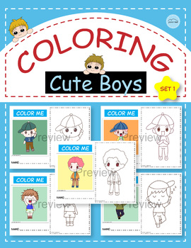 Preview of Cute Coloring Pages, Printable Coloring with sample, Kids Game-Cute Boys-Set 1