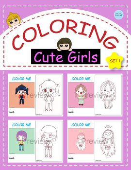 Preview of Cute Coloring Pages, Printable Coloring with sample, Kids Game-Cute Girls-Set 1