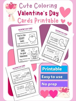 Preview of Cute Coloring Valentine’s Day Cards Printable : PreK - 3rd
