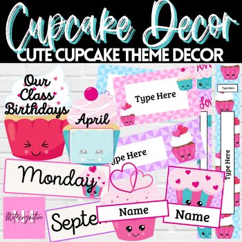 Preview of Cute Cupcake Theme Classroom Decor Display Set & Name Tags