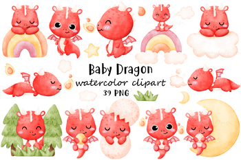 Preview of Cute Dragon Clipart, Dragon watercolor clipart, Dinosaur, Dino