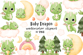 Preview of Cute Dragon Clipart, Dragon watercolor clipart, Dinosaurs