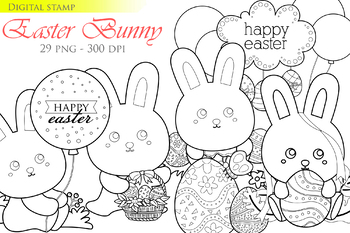 Preview of Cute Easter Bunny Rabbit Egg Party Feast - Black White Outline - Digital Stamp
