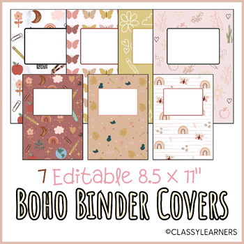 Preview of Cute Editable Boho-Themed Teacher Binder Cover Pages | Rainbows, Flowers, Marble