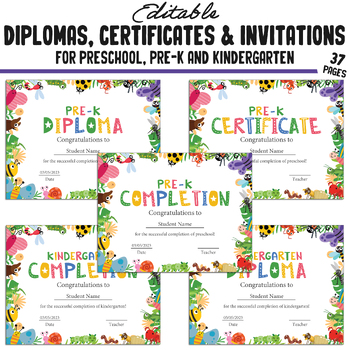 Preview of Cute Editable Pre-K, Kindergarten, Preschool Certificates, Diplomas, Invitations