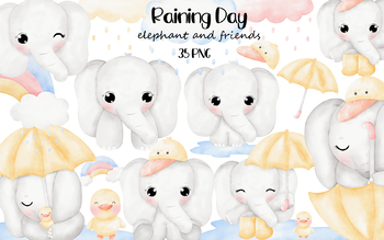 Preview of Cute Elephant and Raining Day Watercolor Clipart