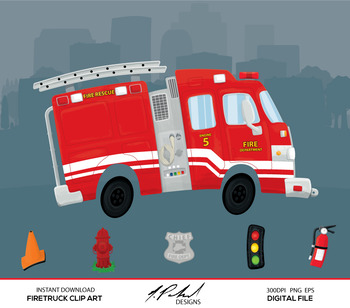 Preview of Cute Firetruck Digital Clip Art - Digital File - Cartoon Style Firetruck Clipart