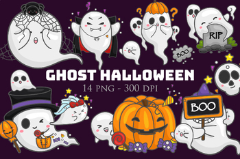 Preview of Cute Funny Ghost Halloween Party Decoration Cartoon Clipart Illustration Vector