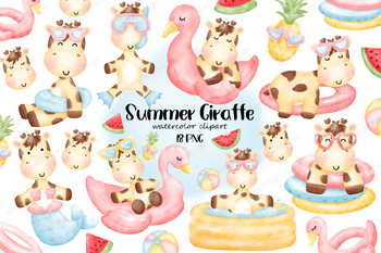 Preview of Cute Giraffe clipart, Summer Watercolor Clipart, Beach clipart