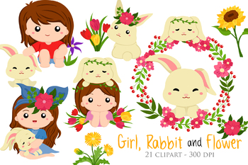 Preview of Cute Girl White Rabbit Easter Flower - Cute Cartoon Vector Clipart Illustration
