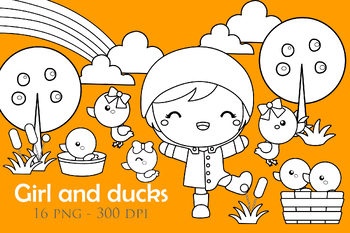 Preview of Cute Girl and Ducks Animal Playing Together Cartoon Digital Stamp Outline