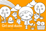 Cute Girl and Ducks Animal Playing Together Cartoon Digita