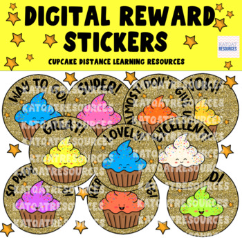 Preview of Cute Gold Glitter Cupcake Digital Stickers For See Saw and Google Classroom