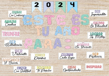 Preview of Cute Groovy New Year 2024 Bulletin Boards | Año Nuevo Wall Décor Kit In Spanish