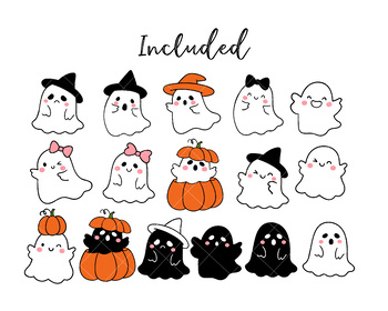 Cute Halloween Ghost Kids Ghost Pumpkin Doodle Outline Art Spooky ...