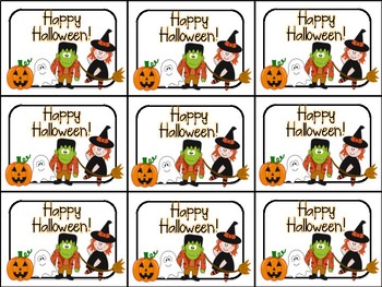 Preview of Cute Halloween Gift Tag (Witch, Frankenstein, Ghost, Jack-O-Lantern Characters)