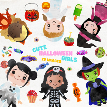 Preview of Cute Halloween Girls in Costumes Horror Party Clip Art Collection | 20 PNGs 300