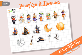 Preview of Cute Halloween Pumpkin Character Printable Sticker Stheet