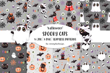 Preview of Cute Halloween Seamless Patterns, Halloween Digital Paper, Cat seamless pattern