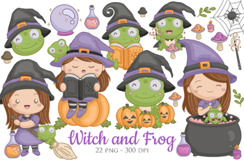 Preview of Cute Halloween Witch Costume and Frog Cartoon Illustration Decoration Sticker
